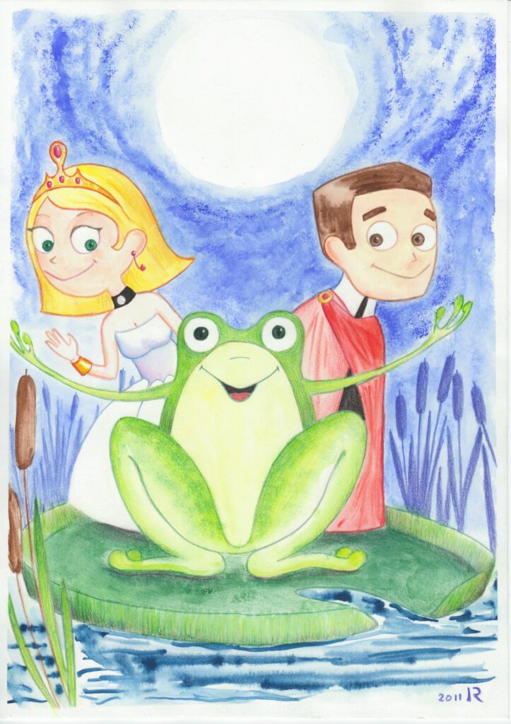 Illustration à l'aquarelle en couleur représentant une princesse, un prince et une grenouille sur une feuille de nénuphar de nuit sous la pleine lune. Illustratrice Artiste auteur : Isabelle Roulet