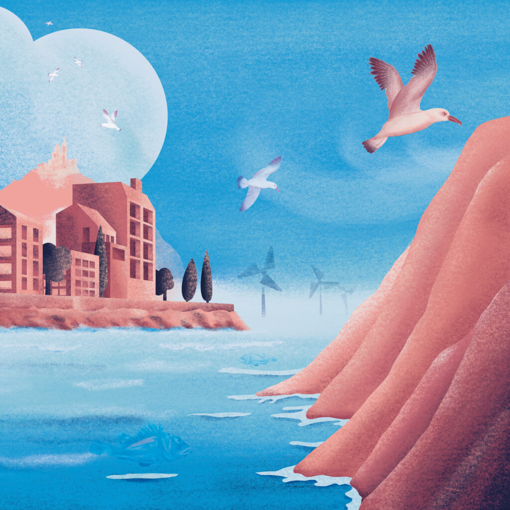 Illustration numérique en couleur représentant à gauche la ville de Marseille avec Notre Dame de la Garde au fond, les calanques à droite, sur fond de mer, avec des éoliennes au loin et des goélands dans le ciel. Illustratrice Artiste auteur : Isabelle Roulet