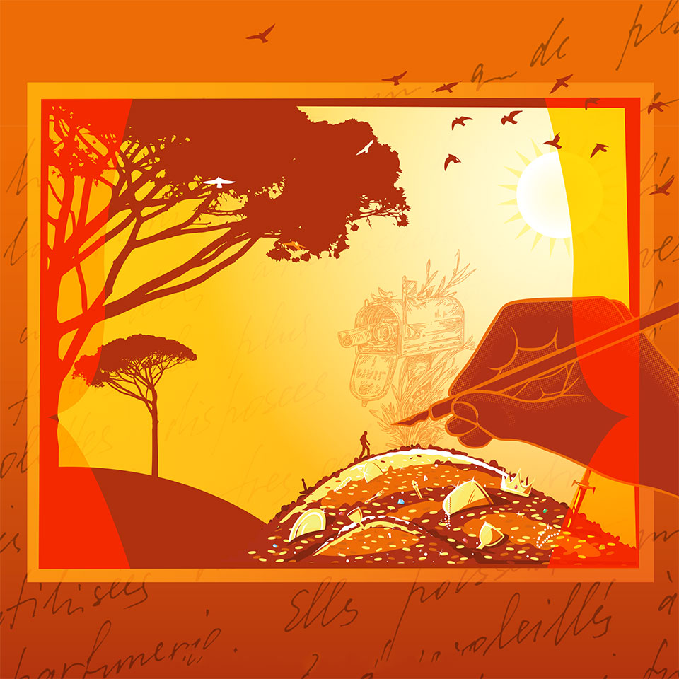 Illustration d'une fenêtre donnant sur un paysage de nature, un personnage gravit une montagne de trésors qu'une main dessine