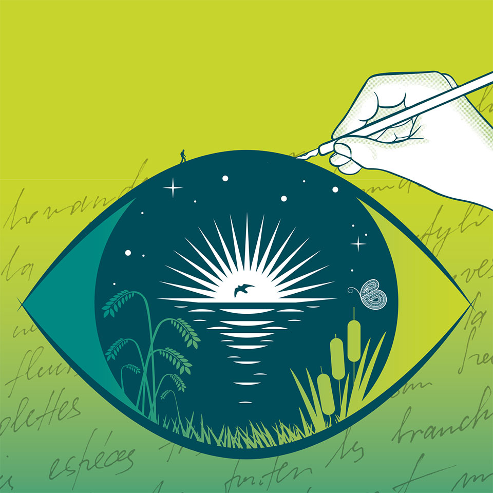 Illustration d'un paysage poétique, un oiseau en contr-jour dans un soleil couchant sur la mer, l'ensemble est inscrit dans un oeil au sommet duquel un personnage gravit à la rencontre de la plume que tient une main