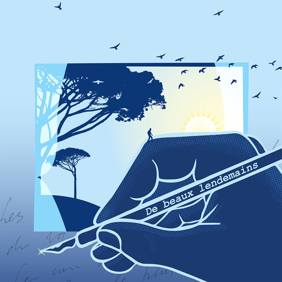 Illustration d'une main écrivant sur fond de fenêtre donnant sur un paysage de nature, un personnage gravit la main qui devient une montagne