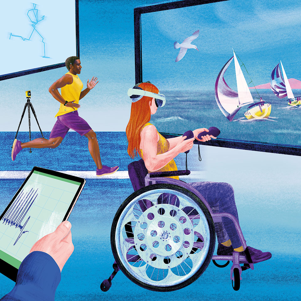 Illustration réalisée sur Procreate représentant une salle de haute technologie pour tester les performances et mouvements de sportifs avec handicap dans des simulations virtuelles ou réelles