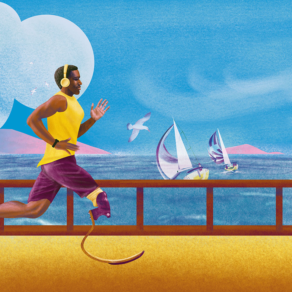 Illustration réalisée sur Procreate représentant un homme courrant avec une prothèse le long de la mer, 2 bateaux à voile spi s'en vont