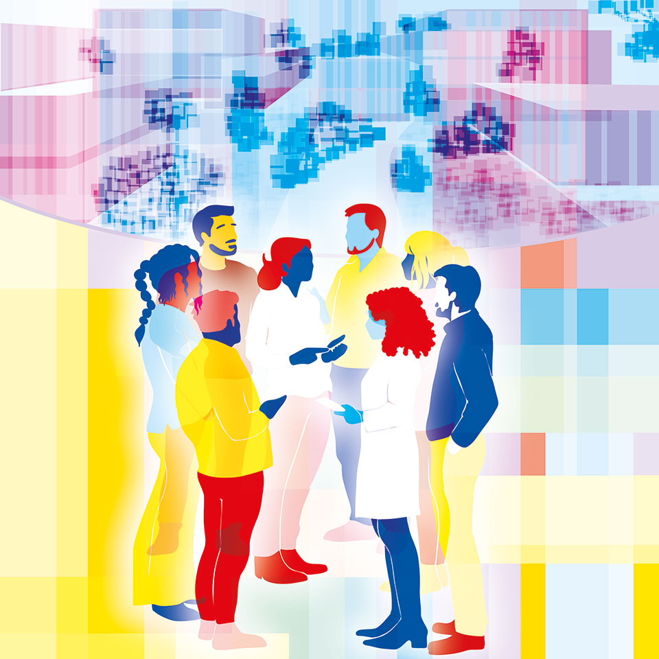 Des hommes et des femmes discutent et projettent ce que pourrait être la ville de demain