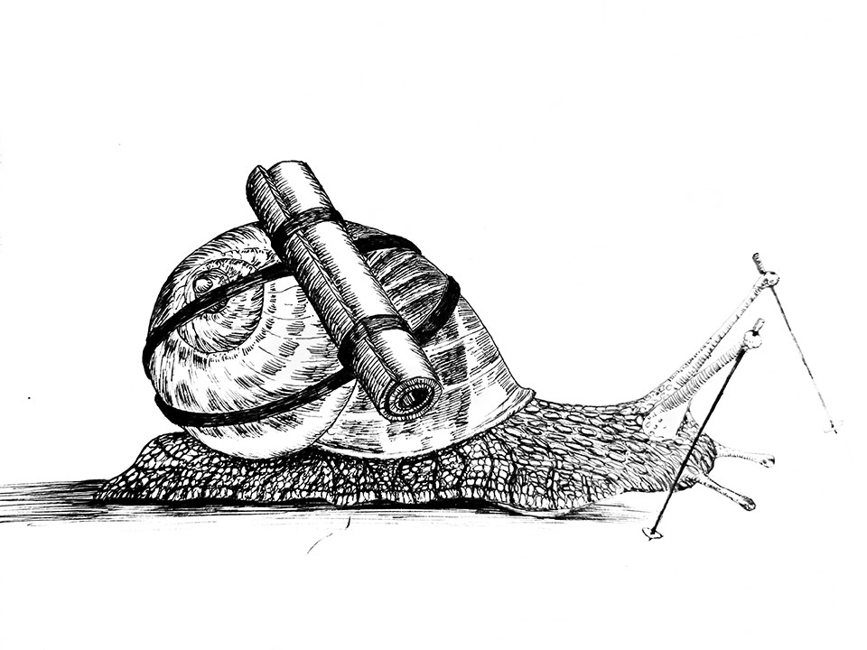 Illustration d'un escargot avec un tapis de sol roulé et de bâtons de marche