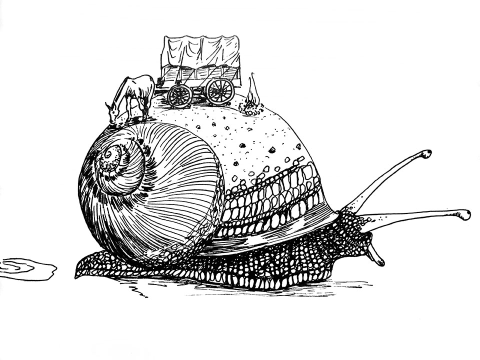 Illustration d'un escargot, une caravane de type colon américain stationnée sur sa coquille