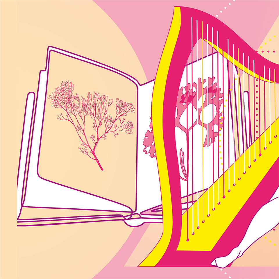 Illustration composée, dans les tons très vifs rose et jaune, représentant des disciplines culturelles et scientifiques (danse, botanique, littérature, musique, archéologie, bactériologie; mathématiques, arts...)