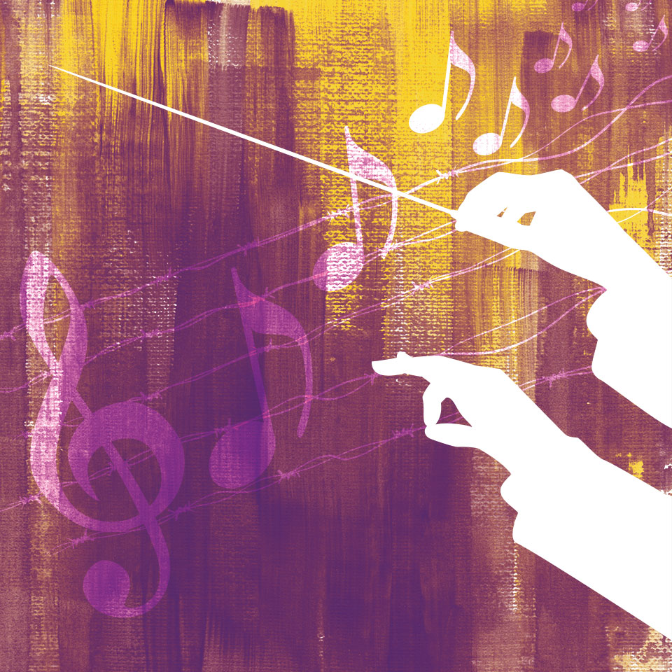 Illustration représentant les mains d'un chef d'orchestre battant la mesure sur un fond de peinture et une portée de musique faite de barbelets et dont les notes s'échappent