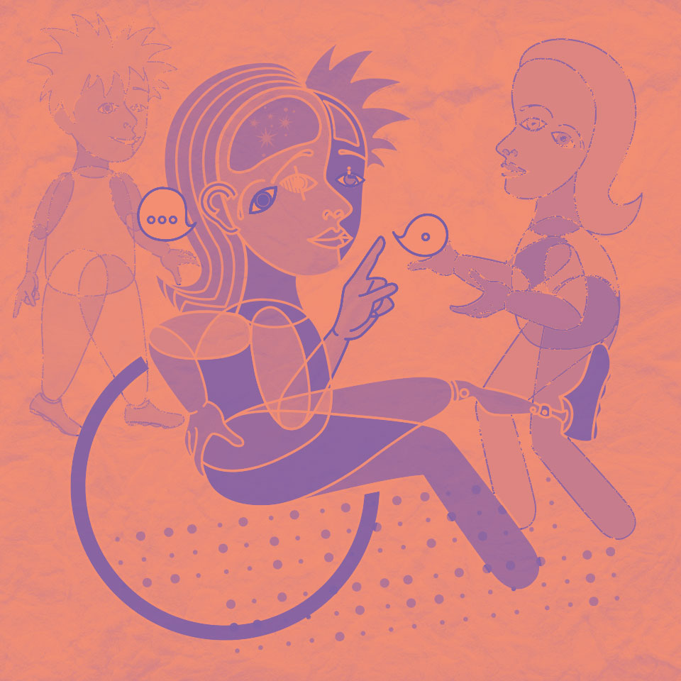 Illustration numérique dans un style cubiste représentant des personnes porteuses de handicaps moteurs, sensoriels et mentaux