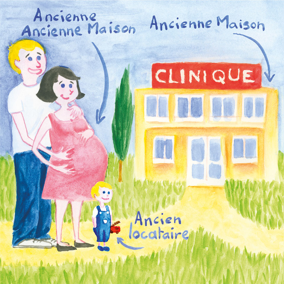 Illustration pour un faire-part de naissance représentant un couple dont la femme est enceinte, avec un enfant à leurs pieds devant une clinique