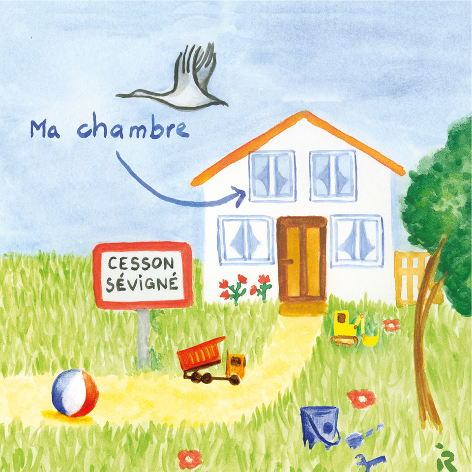 Illustration pour un faire-part de naissance représentant des jouets trainant sur le chemin d'une maison qu'une cigogne survole