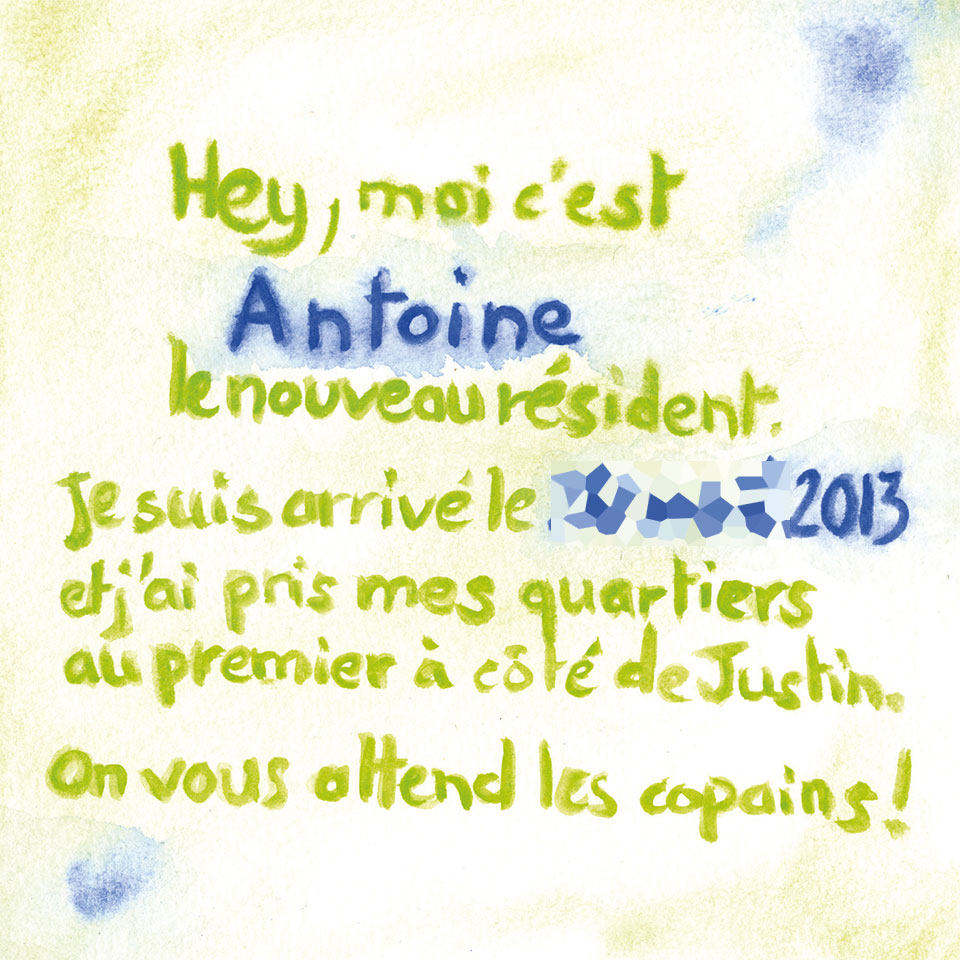 Texte du faire-part de naissance écrit au pinceau dans un style volontairement enfantin