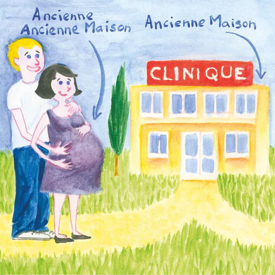 Illustration pour un faire-part de naissance représentant un couple dont la femme est enceinte devant une clinique