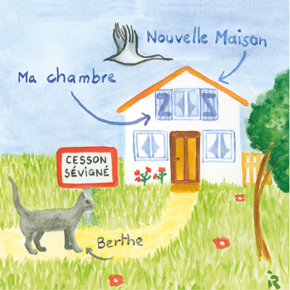 Illustration pour un faire-part de naissance représentant un chat sur le chemin d'une maison qu'une cigogne survole