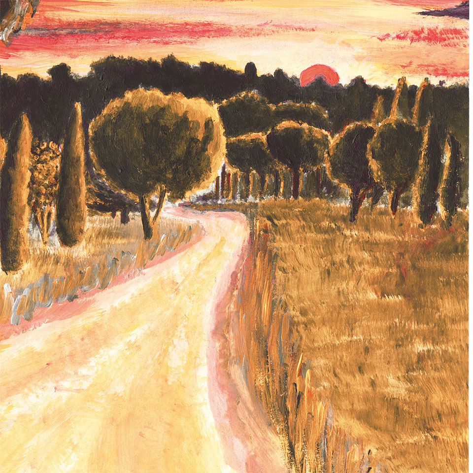 Illustration pour un faire-part de mariage représentant un paysage de Provence. Trois personnages, un ours, un chat et un lapin accolés sur une branche d'arbre regardent le coucher de soliel. 