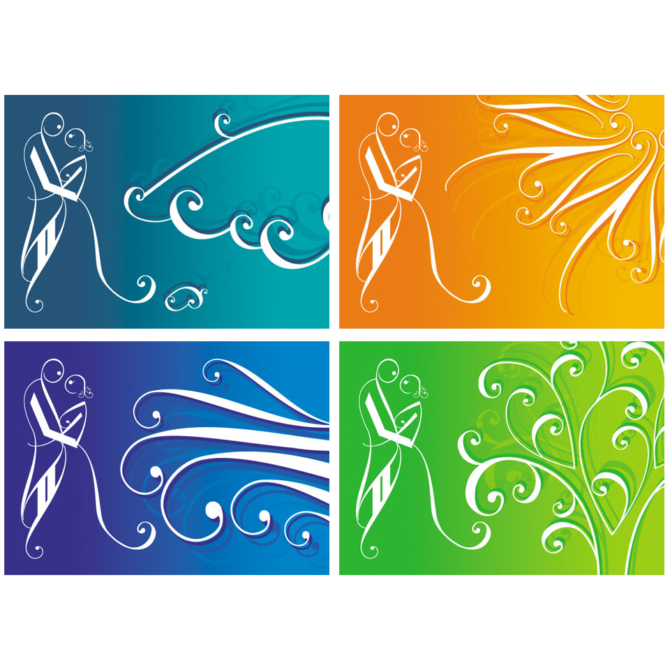 4 timbres représentant les 4 éléments defaçon très graphique et très colorée