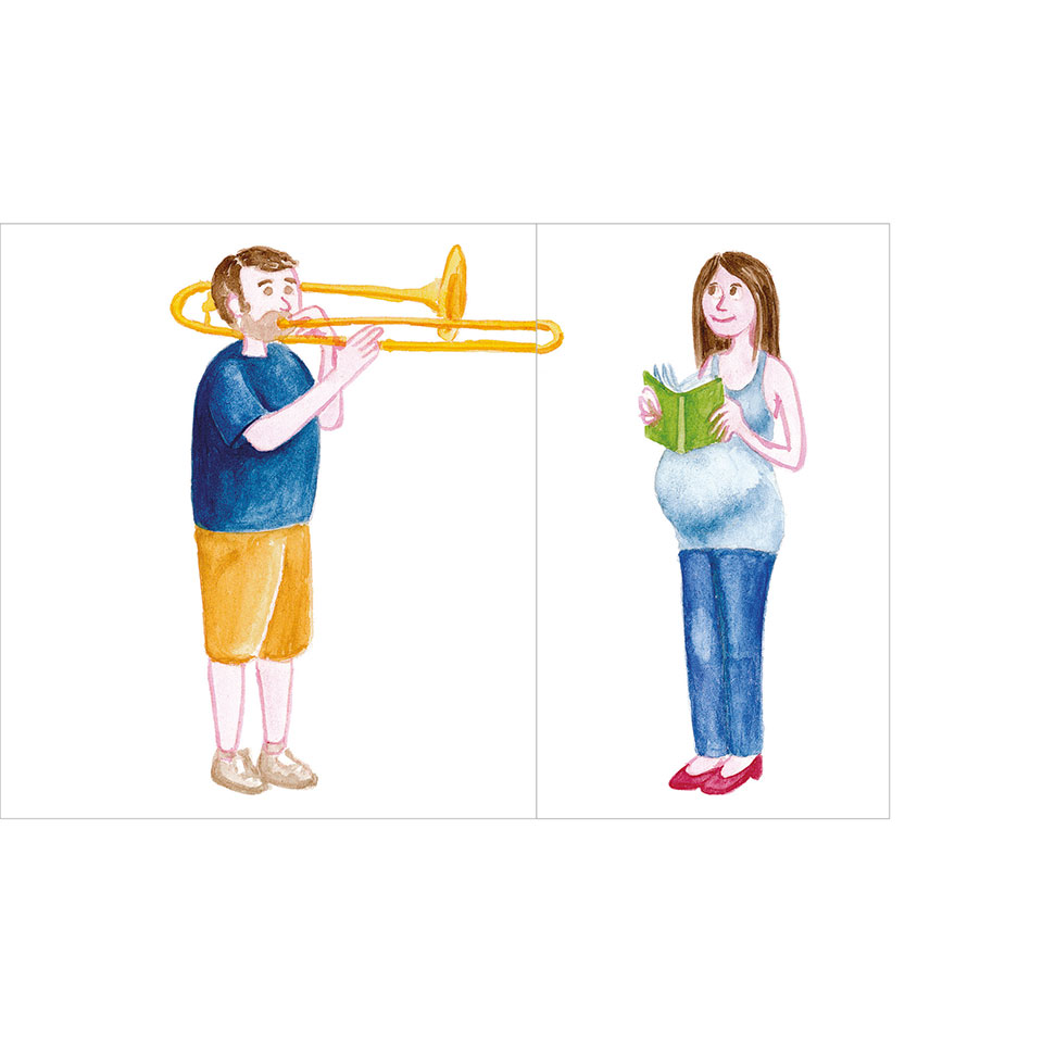 Illustration pour un faire-part de naissance représentant un couple dont l'homme joue du trombone et la femme est enceinte et lit un livre