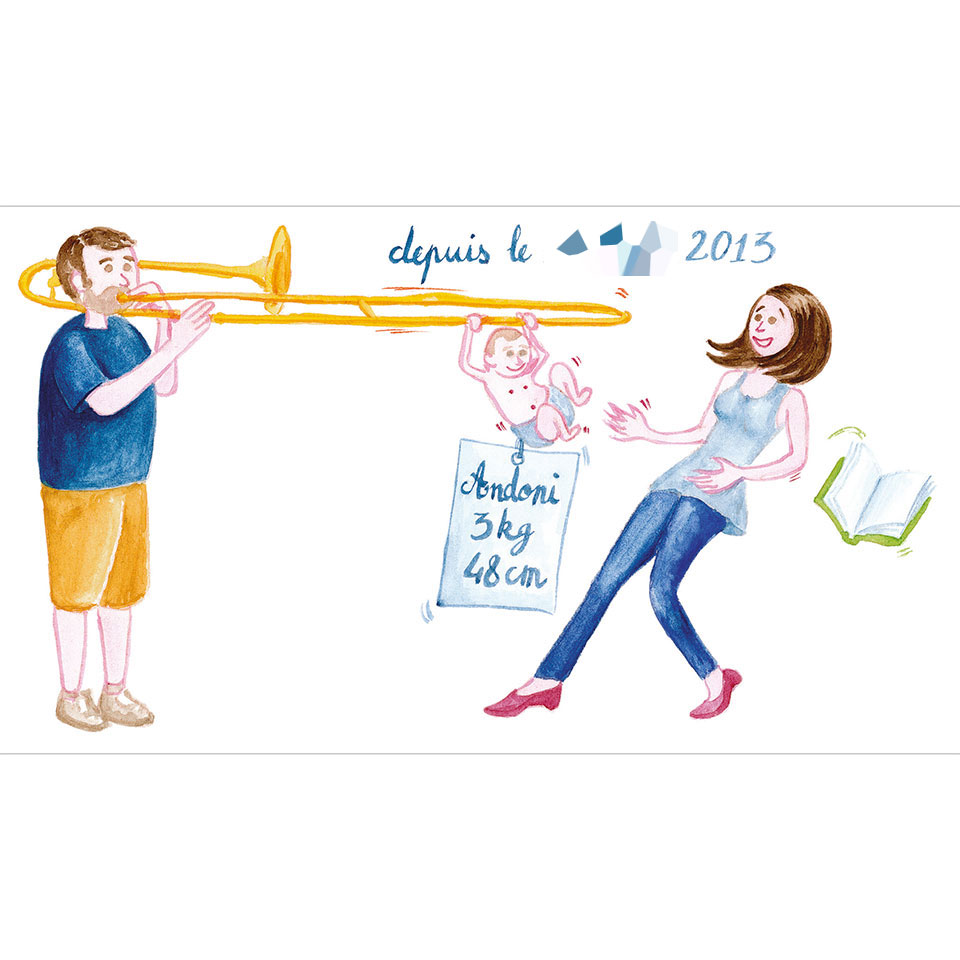 Illustration pour un faire-part de naissance représentant un couple dont l'homme joue du trombone auquel s'accroche leur bébe nouveau-né et la femme, surprise, lâche son livre.