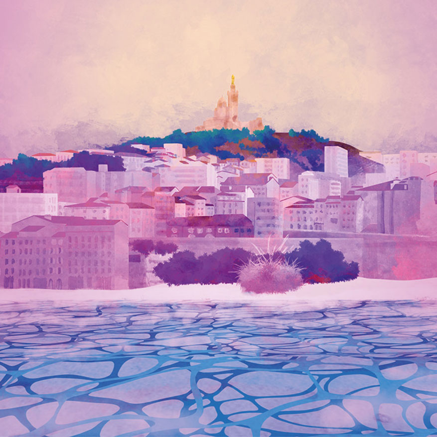 Illustration de Marseille et de Notre Dame de la Garde, vu de la mer dans des tons roses