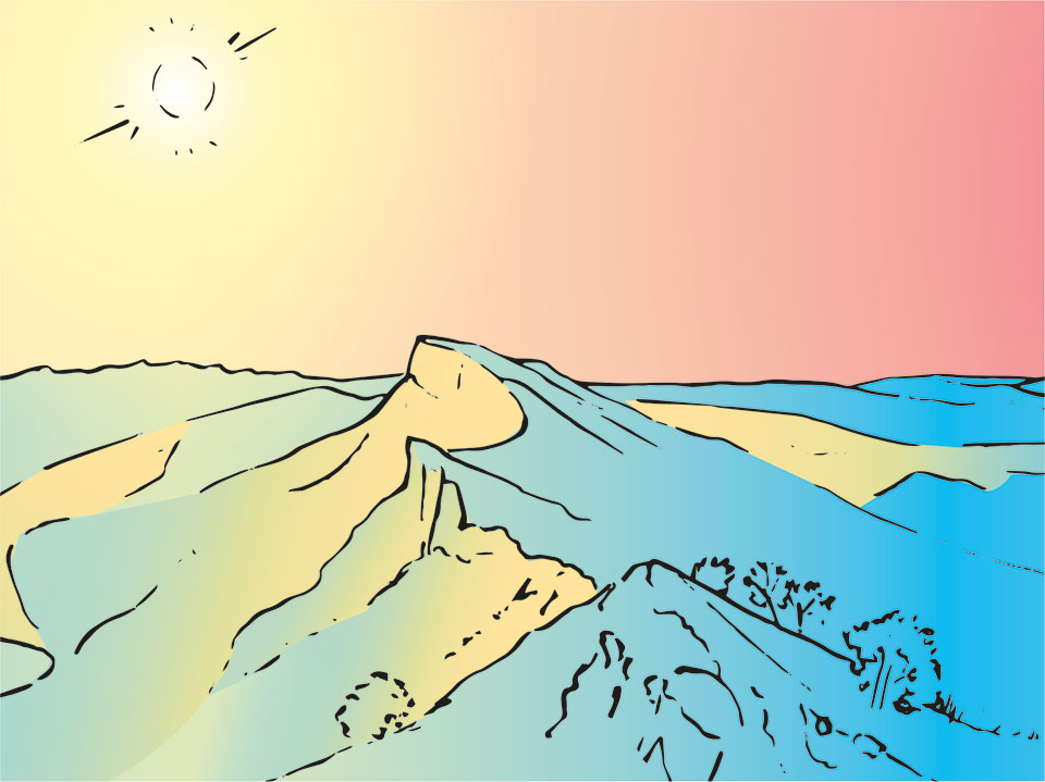 Dessin au trait fin noir de la montagne Sainte-Victoire aux couleurs surréalistes