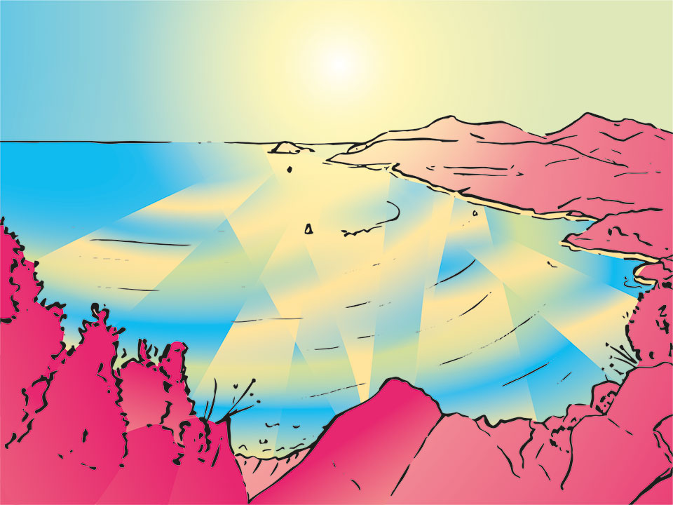 Dessin au trait fin noir d'un paysage de calanques aux couleurs surréalistes