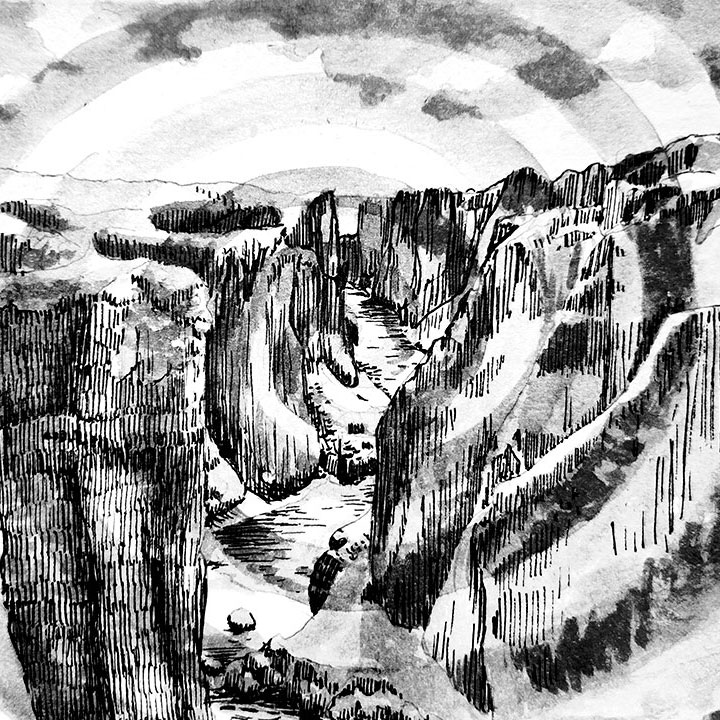 Illustration au lavis encre de Chine d'un fjord islandais, une spirale en surimpression