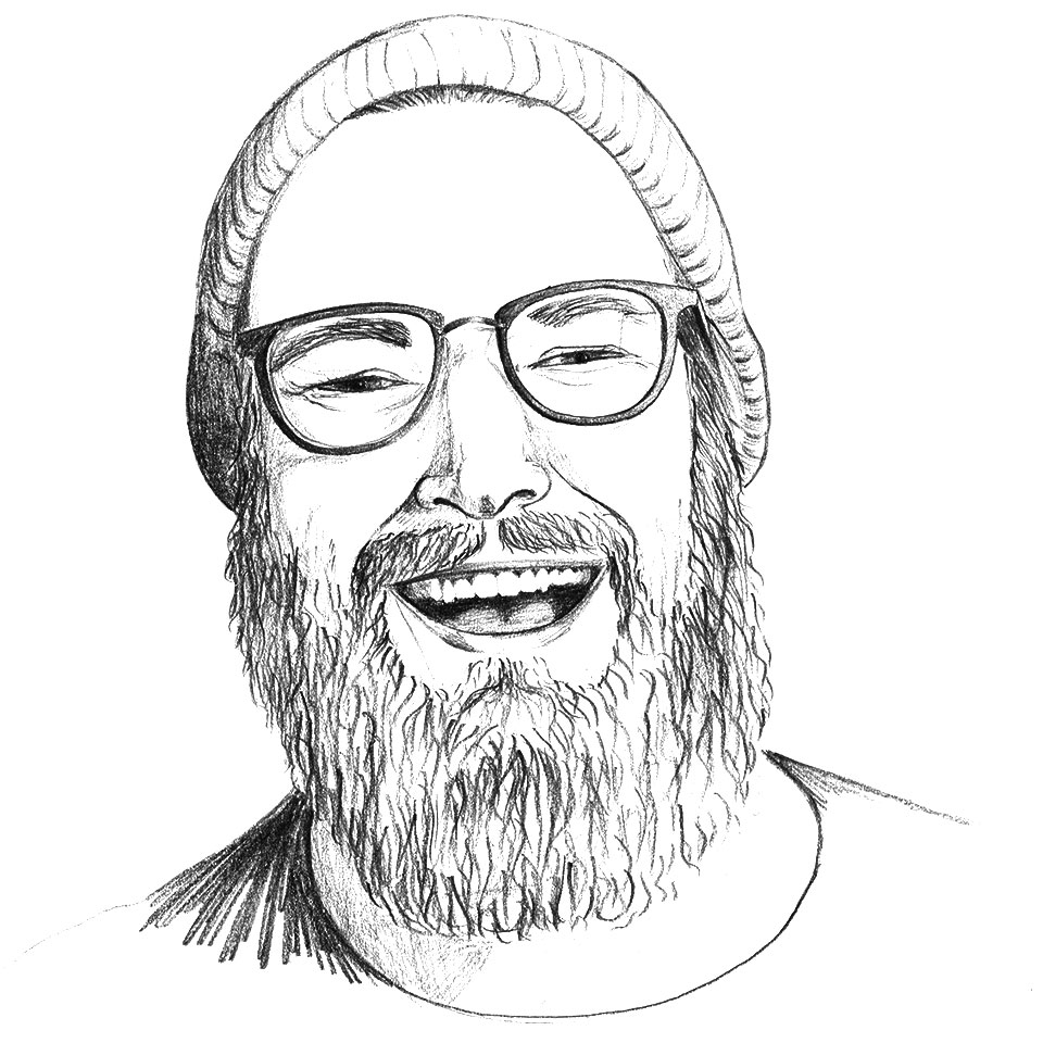 Portrait à la mine graphite d'un jeune homme barbu hipster de face portant des lunettes et un bonnet