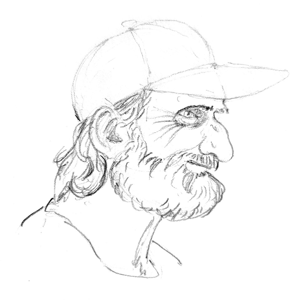 Portrait crayonné en 5 min d'un homme barbu de profil et portant une casquette