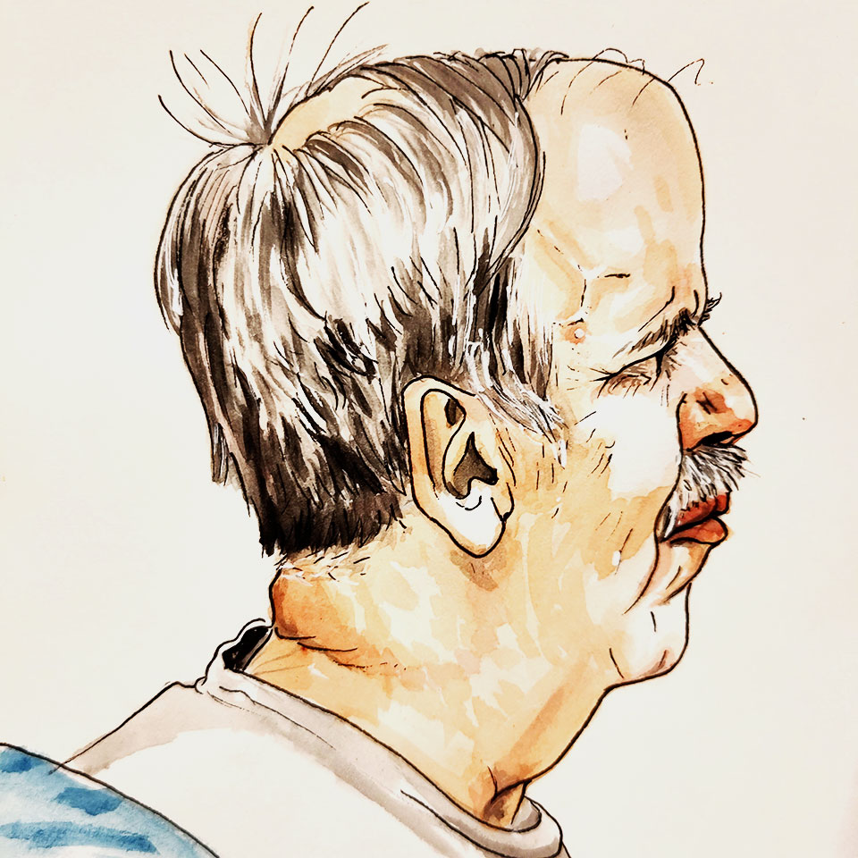 Illustration caricaturale à l'aquarelle d'un portrait de profil d'un homme un peu dégarni et portant une moustache