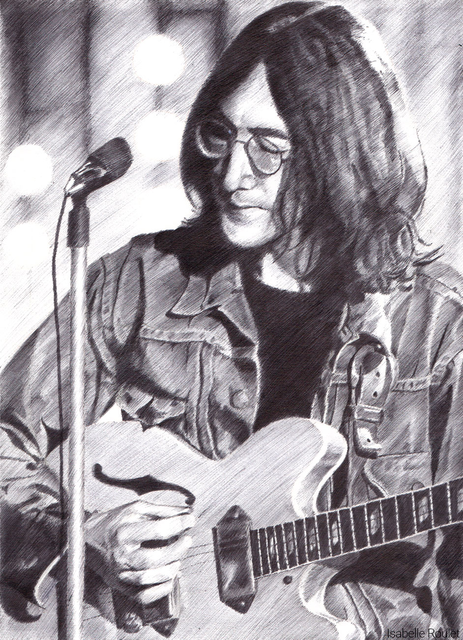 Reproduction au stylo bille d'une photo représentant le chanteur John Lennon