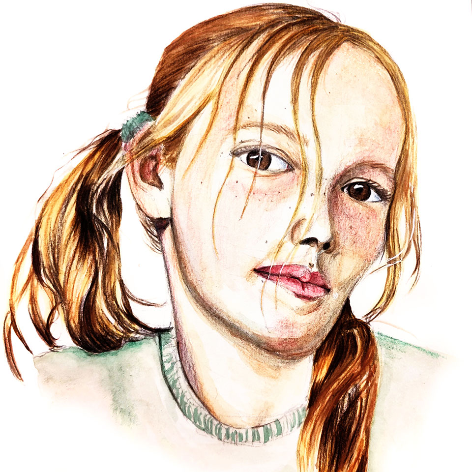 Portrait à l'aquarelle d'une jeune fille blonde avec des couettes