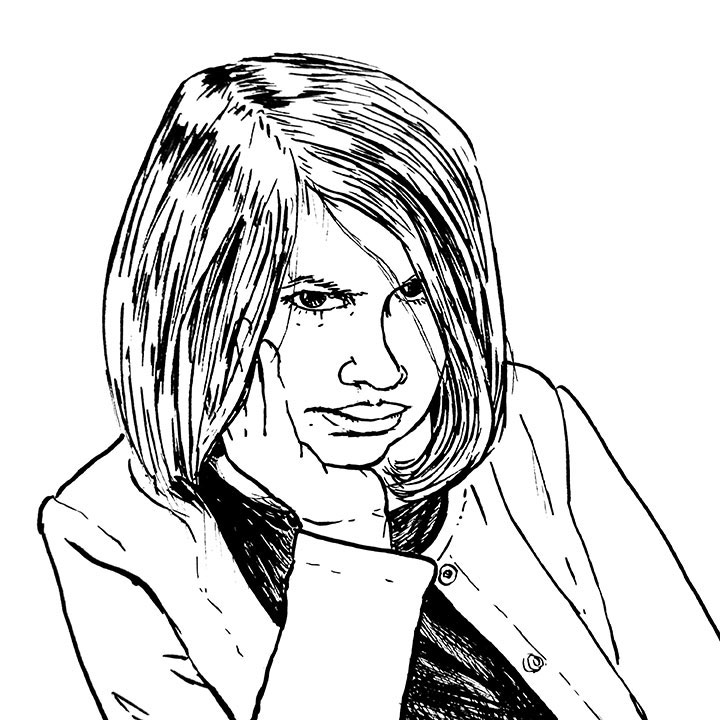 Portrait au feutre fin noir d'une jeune fille tenant sa tête dans sa main avec une moue boudeuse