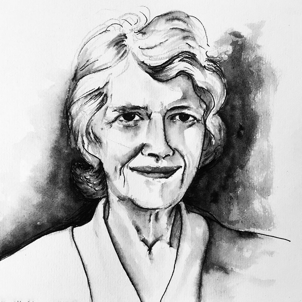 Portrait à l'aquarelle et feutre Tradio d'une femme agée souriante, de face