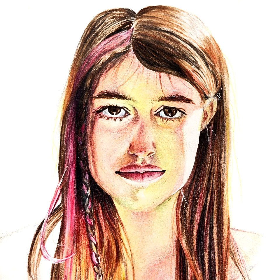 Portrait à l'aquarelle en couleur d'une jeune fille aux cheveux longs de face