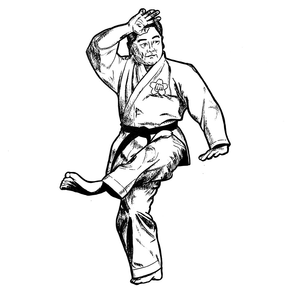 Dessin à l'encre de Chine représentant Togashi Sensei, un maître karatéka, dans une position en équilibre