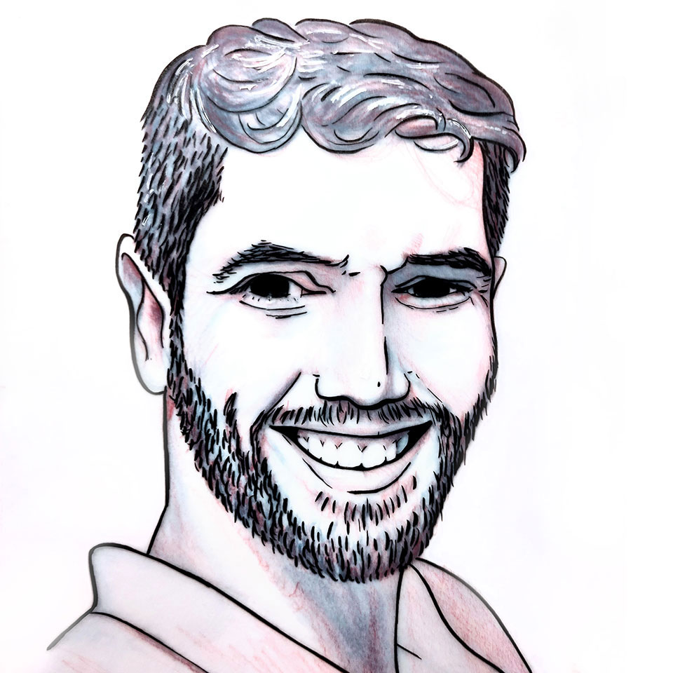 Portrait au feutre pinceau d'un jeune homme souriant et barbu