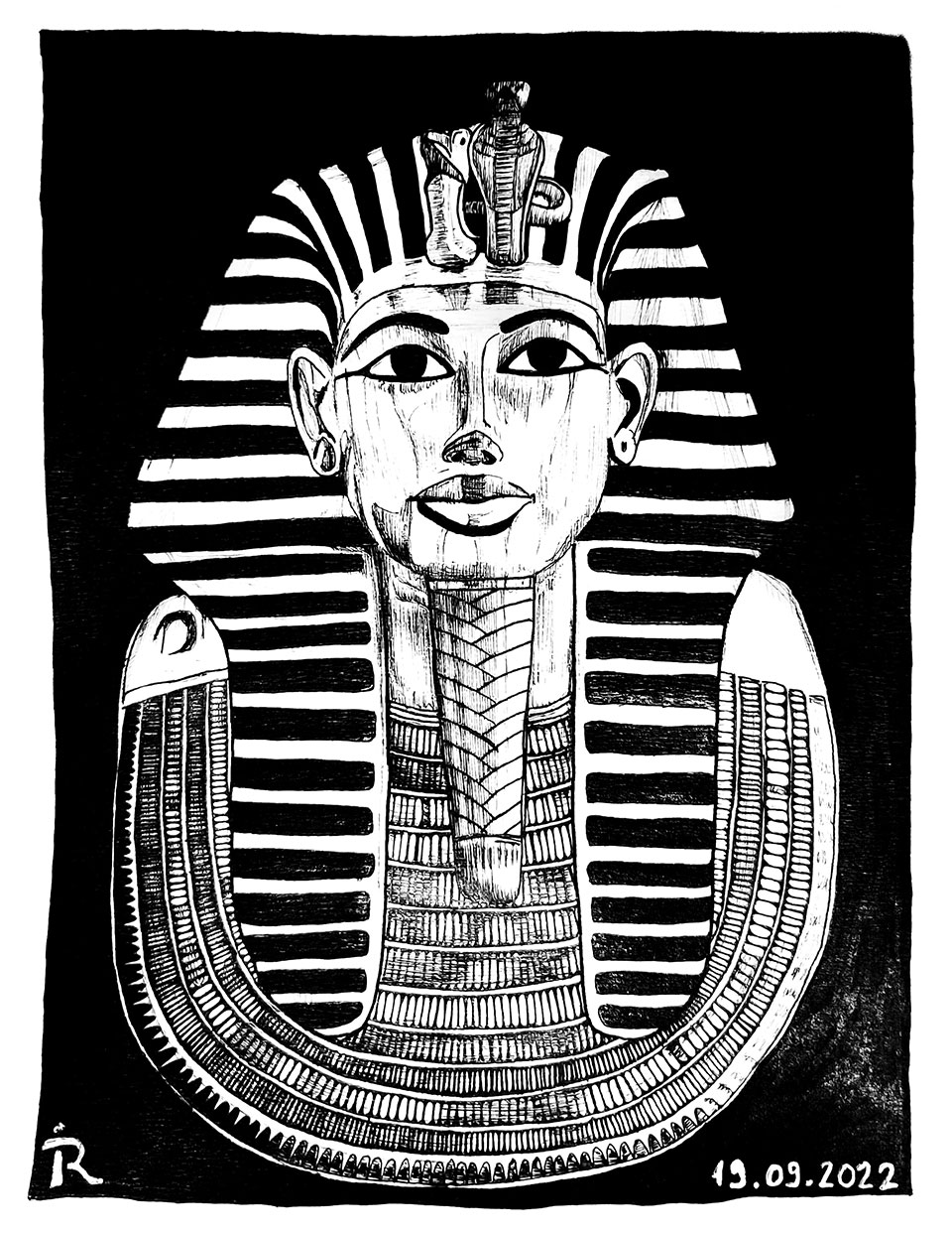 Dessin à l'encre de Chine de la relique en or de Toutankhamon